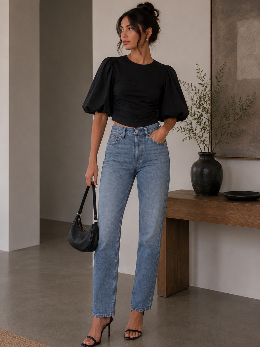 English Factory Black Ruched Puff Sleeve Blouse top